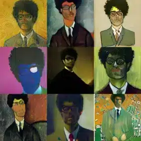 Exhibit featuring AI-generated portraits that resemble famous artists.