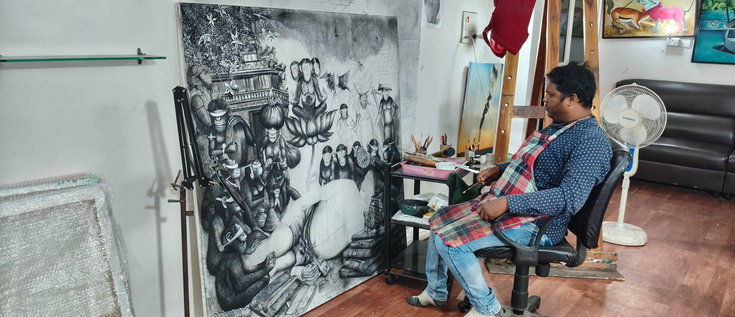 Within the studio environment, a remarkable artwork is meticulously brought to fruition.