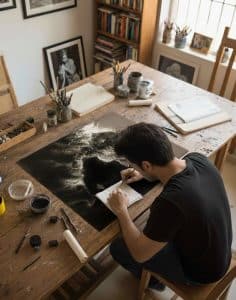 Creating the charcoal sketch of ' The Divine Wrath'
