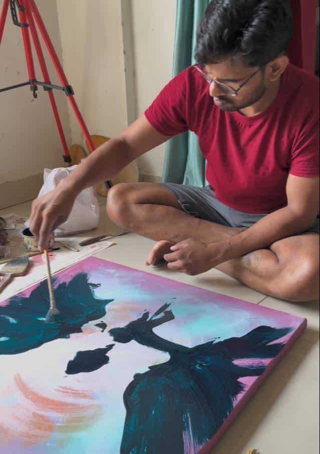 Working with fan brush on Echoes of Awakening an oil painting